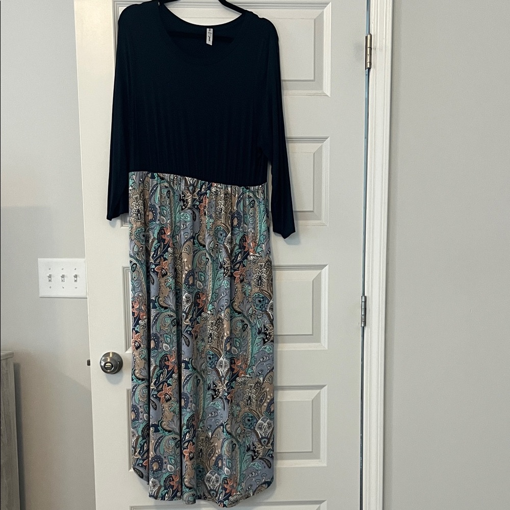 Elegant Navy and Paisley Long Sleeve Dress